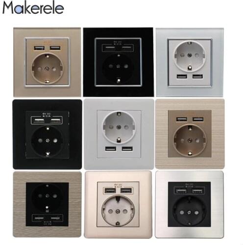 16A EU Standard Wall Power Socket Dual USB Charger Port For Mobile Adapter Outlet PC Stainless Steel Brushed Aluminum Panel Plug