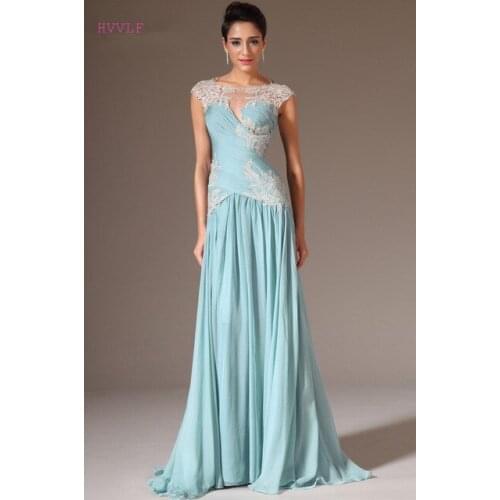 Sky Blue Evening Dresses A-line Cap Sleeves Chiffon Appliques Plus Size Long Evening Gown Prom Dresses Robe De Soiree