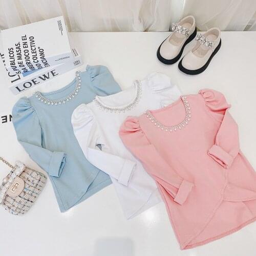 2021 new style girls boys puff sleeve t shirt autumn fashion cotton kids top 4-9 years