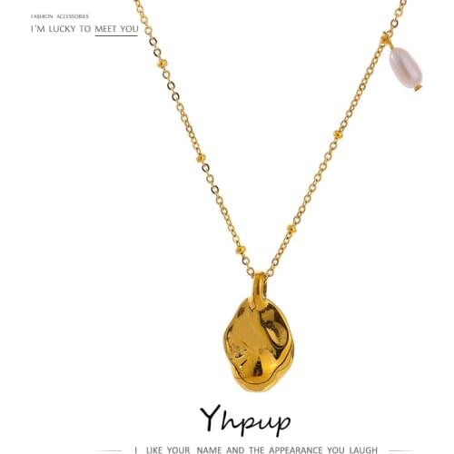 Yhpup New Stainless Steel Waterproof Jewelry Geometric Creative Pendant Necklace Fashion Natural Pearl Necklace Party Gift