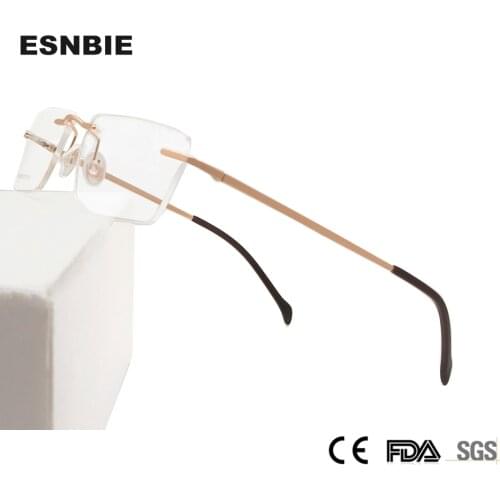 ESNBIE Alloy Mens Rimless Eyeglass Frames Male Female Square Myopia Glasses Frameless Optical Frame For Women Spring Hinge