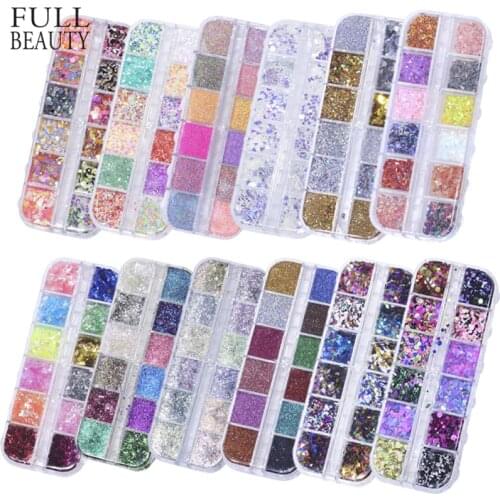 Full Beauty 12 Grids/Sets Nail Glitter Sequin Mixed Mirror/Mermaid/Sugar Round DIY Flake Paillette Nail Art Decorations CH067