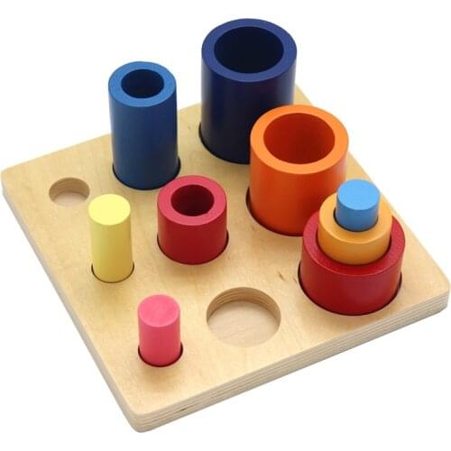 Montessori Educational Wooden Toys Rainbow Building Blocks Round Ladder Cylinder Shape Color Cognitive Sensory Toy Teaching Aids