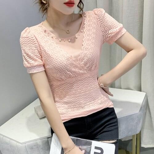 #6059 Blue Black Pink Lace T Shirt Women O Neck Pearls Sexy Short T Shirt Female Short Sleeves Slim Korean Style Lace Top Summer