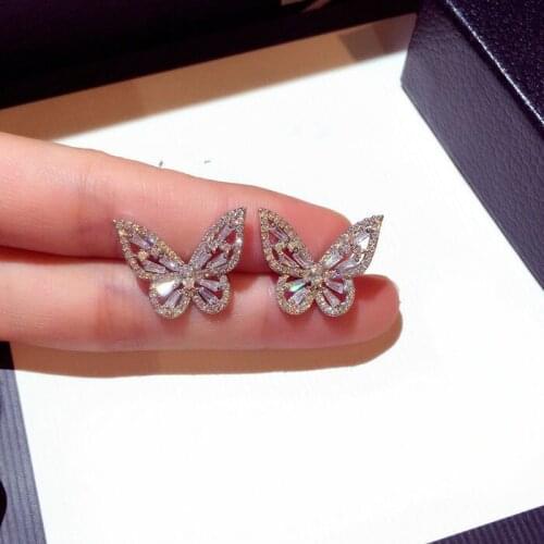 Simple Female wedding Jewelry Silver Color Butterfly with Full Cz Zircon Stud Earrings for Women Birthday Gift Pendientes