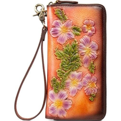Women Natural Skin Long Wallet Money Handy Bag ID Card Holder Embossed Floral Genuine Leather Zipper Clutch Wrist Bags Purse