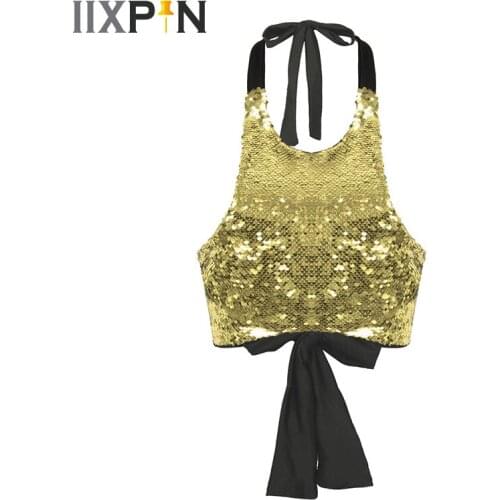 Womens Sequins Jazz Dance Costume Crop Tops Halter Neck Backless Front Shiny Sparkle Slim Fit Cropped Vest Tank Tops Dancewear