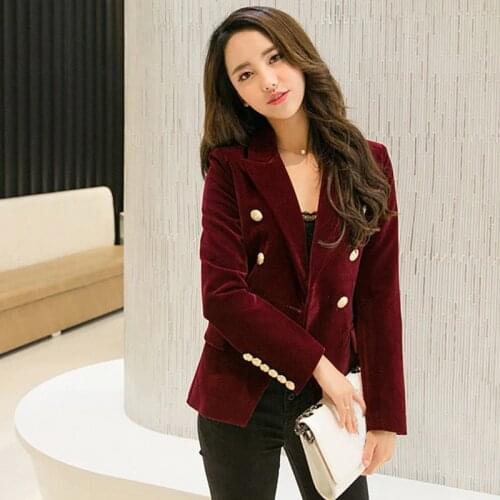 2019 New Velvet Blazer OL Formal Work Small Suit jacket Women Slim Long Sleeve ladies Blazers feminino Women Golden Button Coat