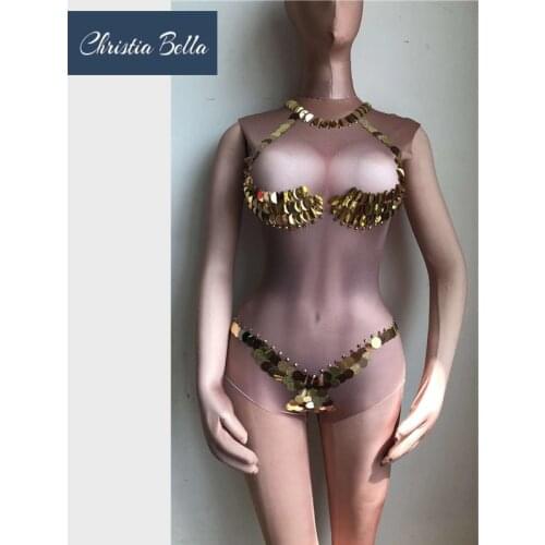Christia Bella Fashion Sequins Women Bodysuits Sexy Nude Jumpsuits Nightclub DJ Pole Dancing Costumes Stage Performance Wear