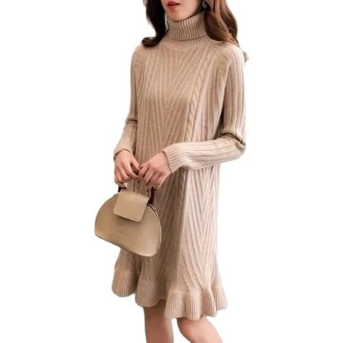 2021New Autumn Winter Women Sweater Dress Fashion Korean Turtleneck knitted Sweater Dress Female Casual Ruffle Dress Vestidos