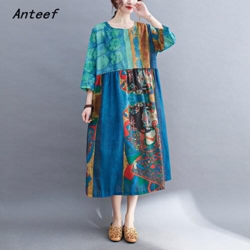 Anteef short sleeve cotton linen vintage floral dresses for women casual loose long woman summer dress elegant clothes 2021