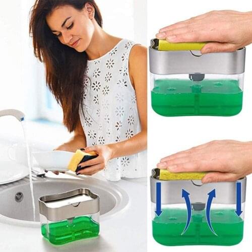 2 In 1 Soap Pump Dispenser with Sponge Caddy Holder Manual Press Liquid Dispenser Soap Organizer Kitchen Cleaner Tool
