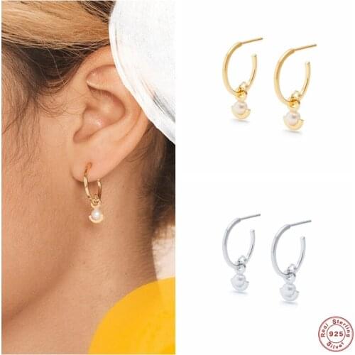 Aide 925 Sterling Silver New Pearl Beads Pendant Drop Earring Luxury Opening Circle Pendiente Round Loops For Women Fine Jewelry