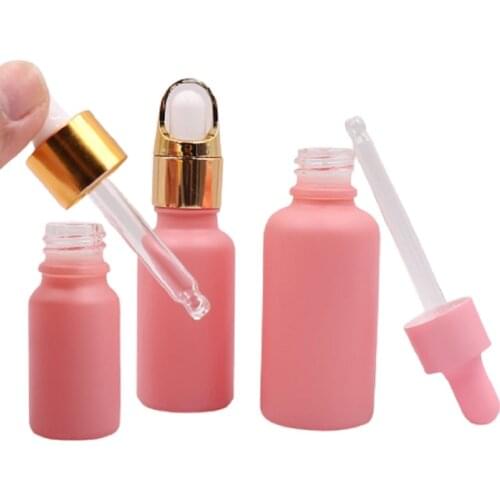 Frost Pink Glass Essential Oil Dropper Empty Bottle 10ml 20ml 30ml Gold White Top Pipette Cute Cosmetic Refillable Vial 15pcs