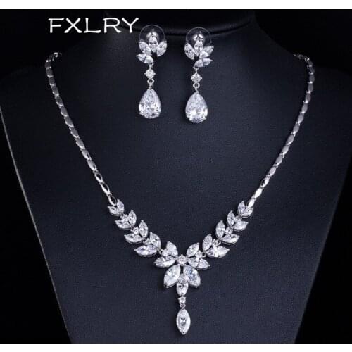FXLRY Elegant White Color AAA+ Cubic Zircon Clear Geometric Flowers Necklaces Earring For Wedding Bride Jewelry Sets