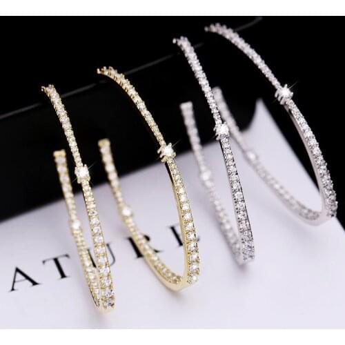 HUAMI Hoop Earrings Big Circle Oval Inlay Zircon 925 Silver Needle Jewelry for Women Ear Ring Gold White 2 Color 3*4.9cm Bijoux