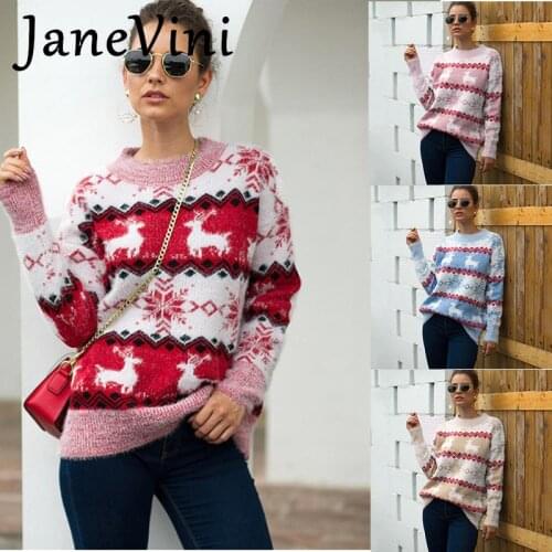 JaneVini Fashion Christmas Women Pullover Sweaters O Neck Autumn Winter Deer Print Knitted Sweater Jumper Pull De Noel Famille
