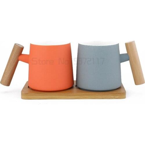 Wooden handle ceramic mouthwash cup couple set toothbrush cup mouthwash cup creative Chinese cup