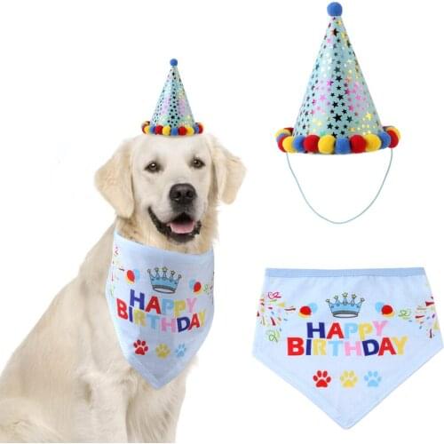 Cute Pet Birthday Party Dress Hat Saliva Towel Set Fashion Adjustable Pet Bandana Cone Hat Costume For Birthday Dropshipping