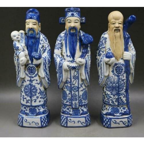A Set 3pc Beautiful Chinese Qing Blue White Porcelain Figure Statue