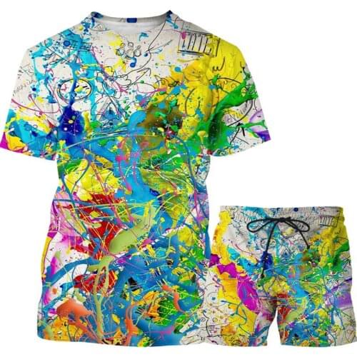 Summer Multicolor Graffiti 3d Printing T-shirt Mens T-shirt + Shorts O-neck Short-sleeved Mens Suit Beach Pants Sports Suit