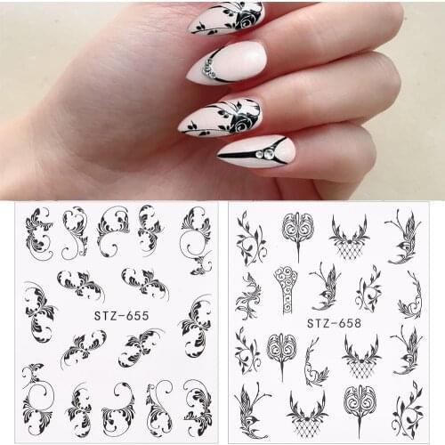 1 Pcs Simple Nail Art Stickers Black Flower Feather Line Design Tattoo for Manicure Yoga Decals Slider Water Wraps DIY Tools