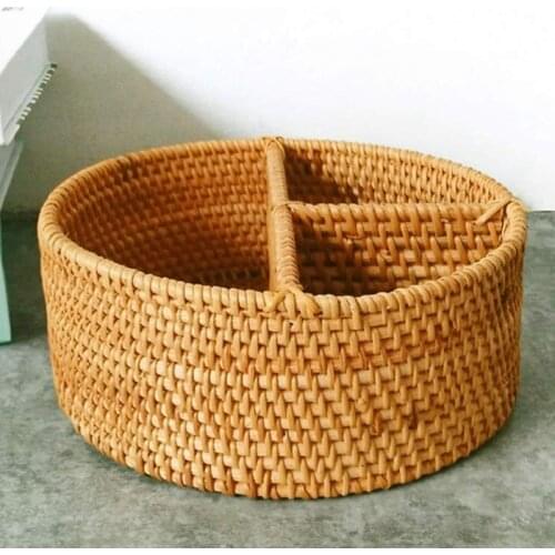 Desktop Storage Basket Hand-Woven Rattan 3 Compartment Storage Box Storage Box Equipment and Storage Basket (190 Mm 3 Grid Round