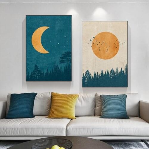 Retro Abstract Boho Style Moon Sun Landscape Picture Posters and Prints Wall Art Nordic Canvas Painting Bedroom Decoration