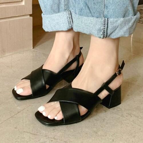Black Beige Sandals Summer Women Shoes Sqaure Low Heels Fashion Strapless Sandals Daily Casual Shoes Ladies