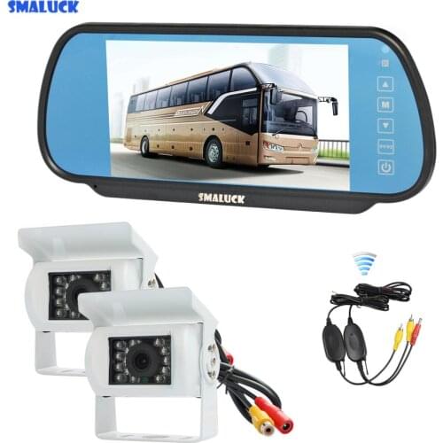 SMALUCK Wireless 12VDC 7" Mirror Monitor Car Monitor Waterproof CCD Rear View Car Camera White for Truck Caravan Bus Van 1V2