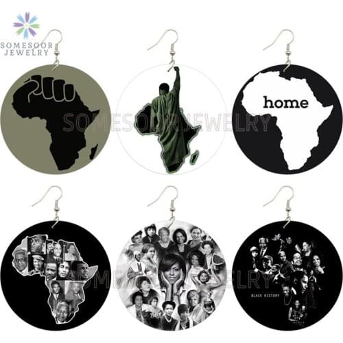 SOMESOOR Double Sides Printing Great Black Woman African History Wooden Drop Earrings Afro Power Map Designs Jewelry For Women