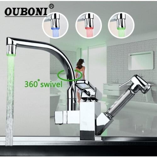 OUBONI LED Chrome Brass Kitchen faucet Mixer Tap Kitchen Tap Pull Out & Swivel Two Ways Spout Water Basin Sink Mixer Tap Faucet