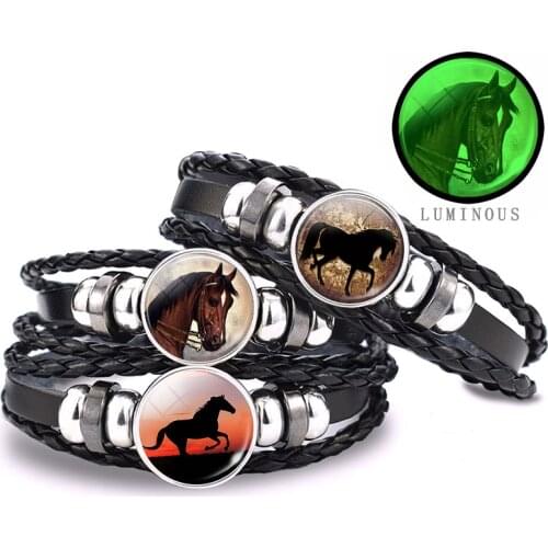 Luminous Horse Black Leather Bracelet Crazy Horse Jewelry Punk Glass Button Bracelet Glowing Bangles Animal Lovers Gifts