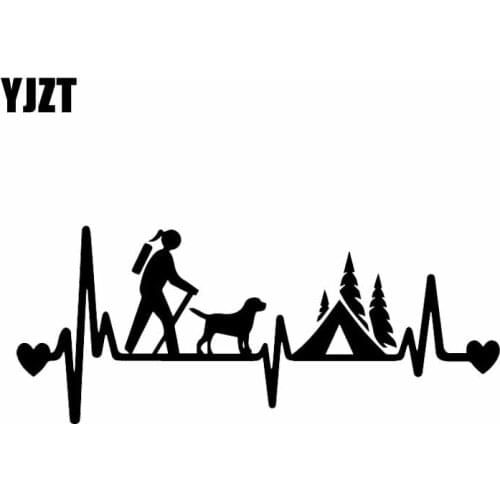 YJZT 18.2X7.5CM Girl Hiker Camping With Dog Camper Tent Heartbeat Lifeline Car Sticker Decal Vinyl Black/Silver C24-1562