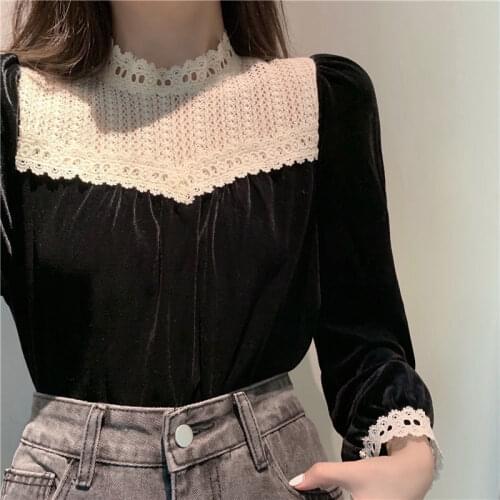 Women Shirt Blouse Autumn Winter Womens Lace St Collar Gold Velvet Shirt Long Sleeve Top Blusas Ropa De Mujer