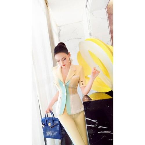 New summer office lady Fashion casual brand female women girls skinny patchwork half sleeve coat pants suits sets clothing