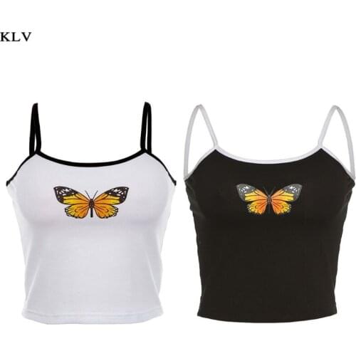 Women Summer Sexy Sleeveless Crop Top Butterflies Graphic Print Short Basic Camisole Spaghetti Straps Sling Vest