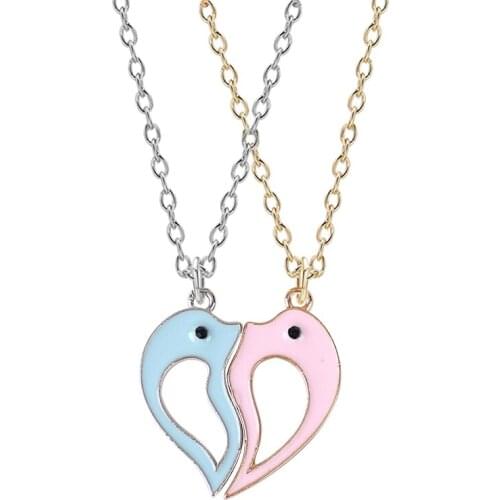 2 Piece Couple Necklace Animal Pink Blue Little Dolphin Stitching Pendant Fashion Men Women Valentines Day Jewelry Gift Hot