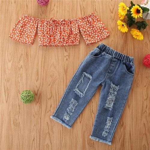 2021 Fashionable Childrens Clothing Summer Red Girl Little Chrysanthemum 2-piece One-word Shoulder Top + Ripped Jeans