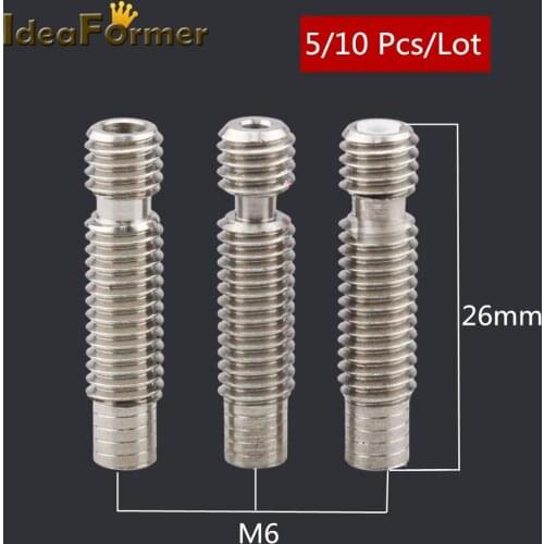 5/10Pcs 3D Printer V6 M6*26mm Wade Short Distance Throat Heat break All-Metal/Steel Built-in PTFE Tube For 1.75/3.0mm Filament
