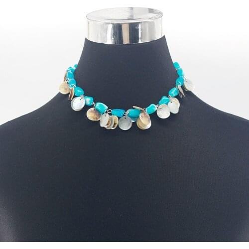 Bohemian Beach Shell Pendant Necklace Blue Beads Statement Necklace For Summer Women Jewelry Party