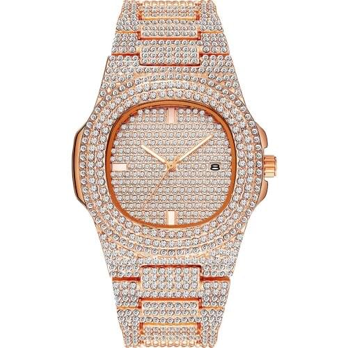 Rose Gold Watch Men Luxury Crystal Mens Watches Diamond Stainless Steel Women Quartz Wristwatch Dress Business Date Clock