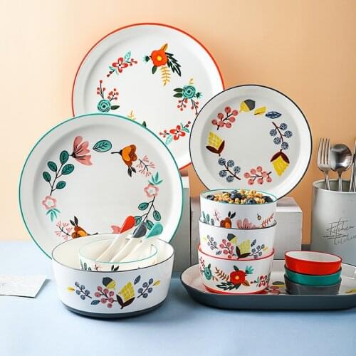 Floral Design Ceramic Dinnerware Chinese Cuisine Rice Bowl Soup Ramen Bowl Dessert Saucer Pasta Steak Plate Dinner Dishes