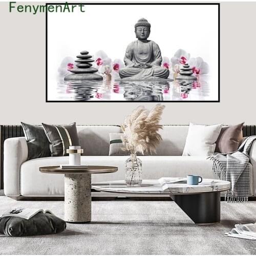 Decorative Painting Buddhist Posters Prints Red White Flowers Buddha Statue Canvas Wall Art Picture Living Room Home Decoration