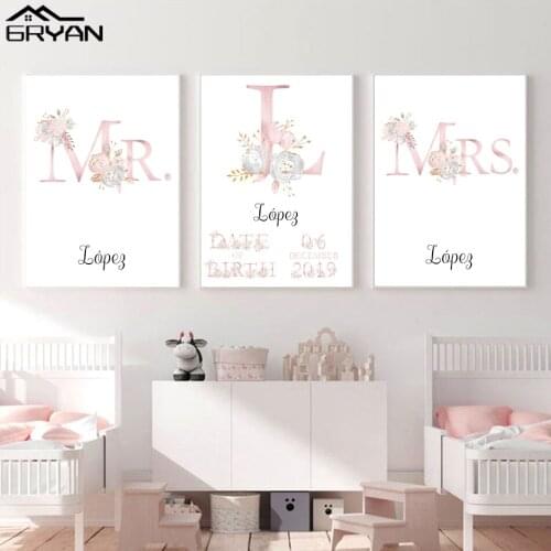 Baby Nursery Poster Personalized Kids Parents Name Mr Mrs Family Custom Canvas Prints Painting Pink Flower Girls Bedroom Picture