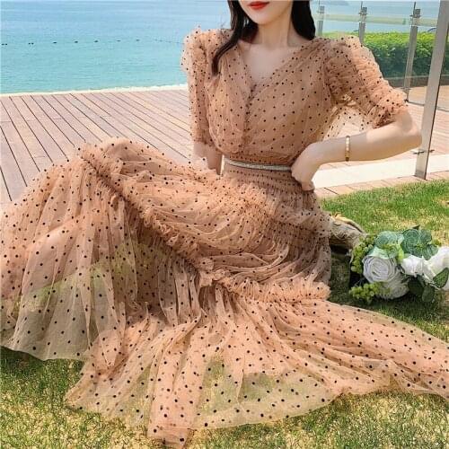 WTIANYUW Designer Fashion Style Polka Dot Dresses 2021 Summer New Khaki Short Sleeve Elastic Waist Ladies Elegant Sweet Clothes