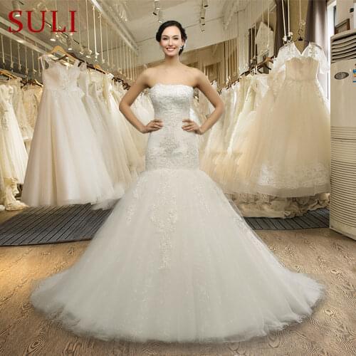 Q-029 Sexy Strapless Tulle Lace Appliques Luxury Beaded Mermaid Wedding Dress