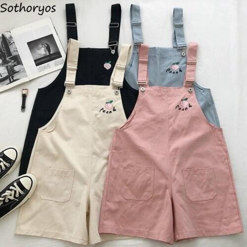 Rompers Women Embroidery Pockets Leisure Chic Colorful Sweet Girls Overalls Korean Style Loose Daily Outwear All-match Playsuits