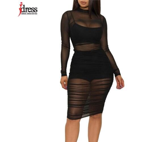 IDress 3 Pieces Set Women Solid Mesh See Through Design Ruched Lining Dress Stretch Sexy & Club Black Night Out Bodycon Dresses