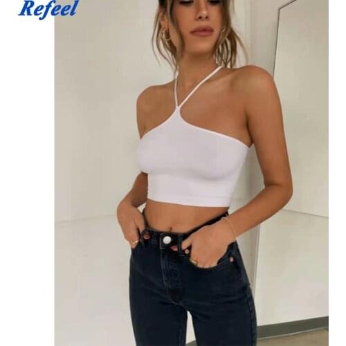 Sexy crop top sleeveless corset tops summer clothes for women backless tank top ribbed halter tops white blue crop top women